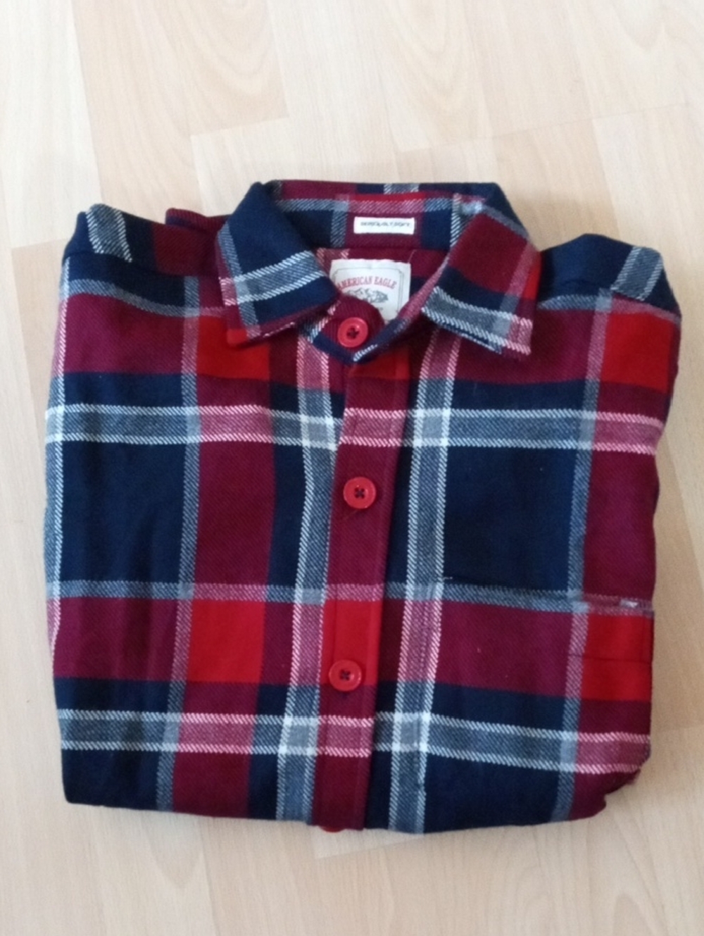 American Eagle Outfitters Red and Navy Plaid Button-Down Shirt